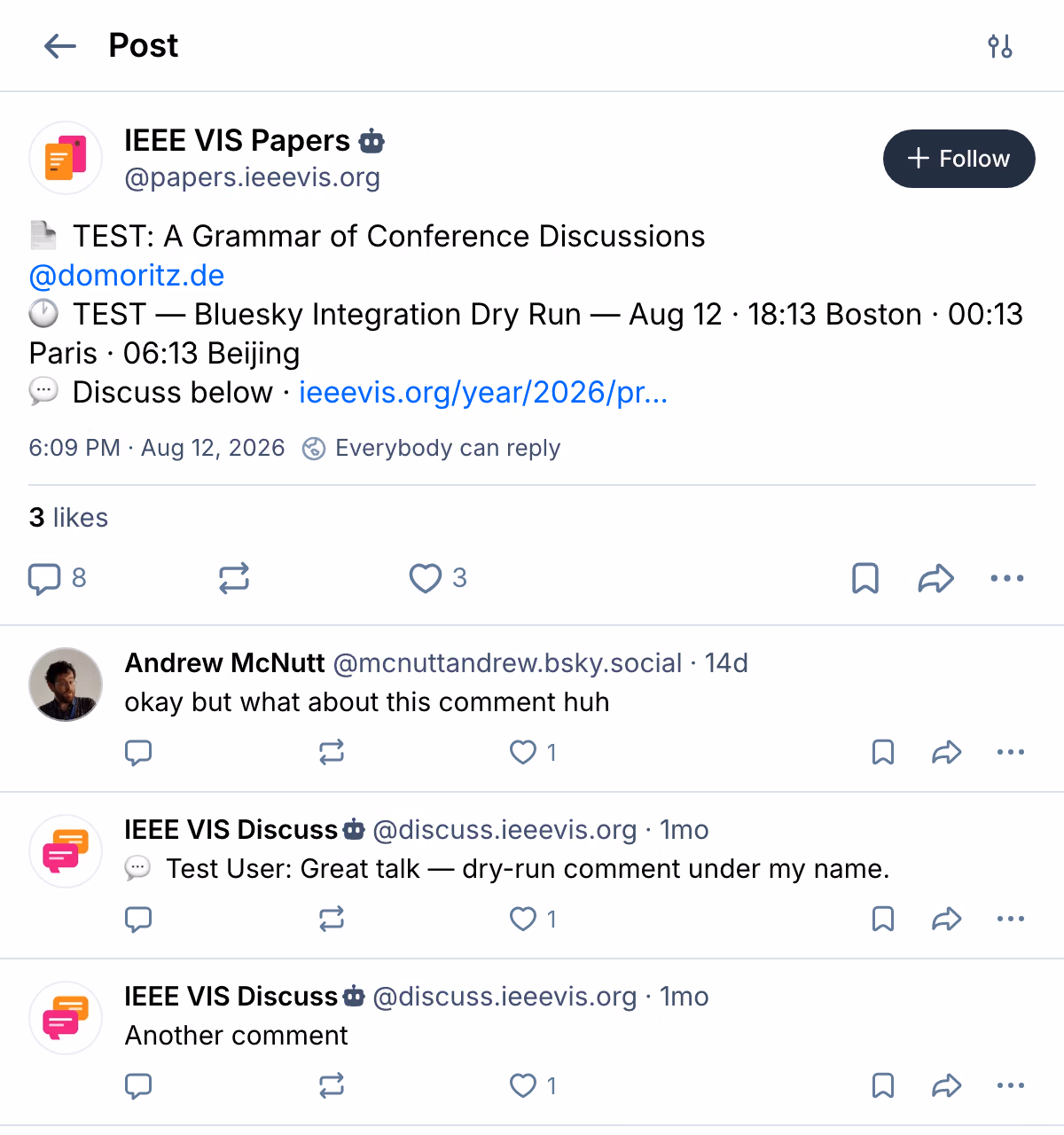 The same thread in the Bluesky app: the announcement post from IEEE VIS Papers with an author mention, the session time in three time zones, and a link to the paper page, followed by replies from a Bluesky user and from the IEEE VIS Discuss account