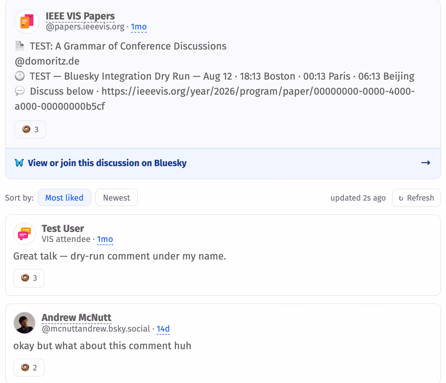The discussion section of a paper page: the announcement post from @papers.ieeevis.org, a link to join the discussion on Bluesky, a sort toggle for most liked or newest, and replies from attendees with like counts