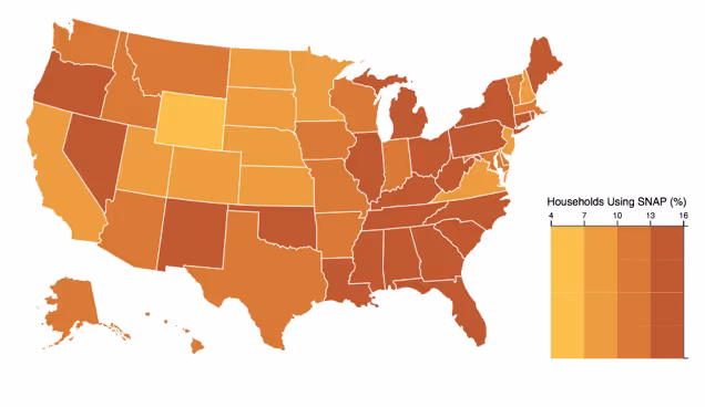 A choropleth map of the US showing the percentage of households using SNAP, with a square legend