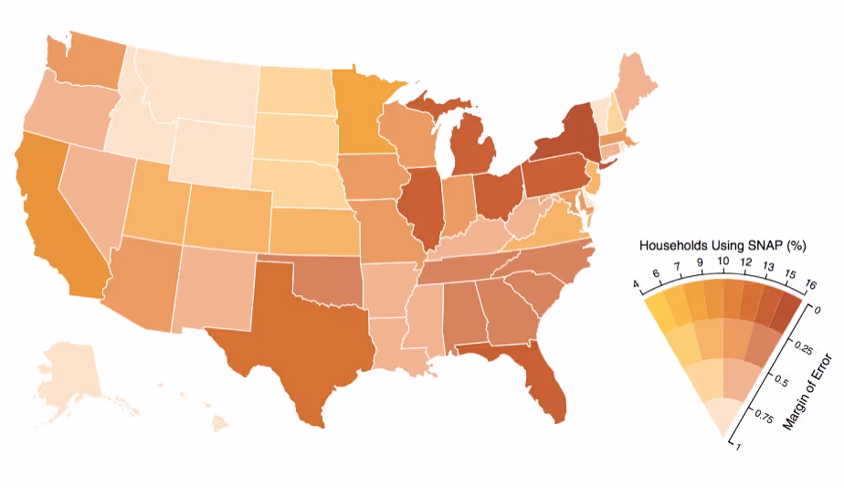 Standard value map (left) and VSUP (right) showing the percentage of US households using the Supplemental Nutrition Assistance Program